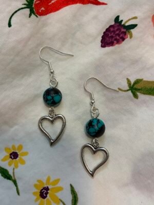 Turquoise Bead with Silver Heart Earring